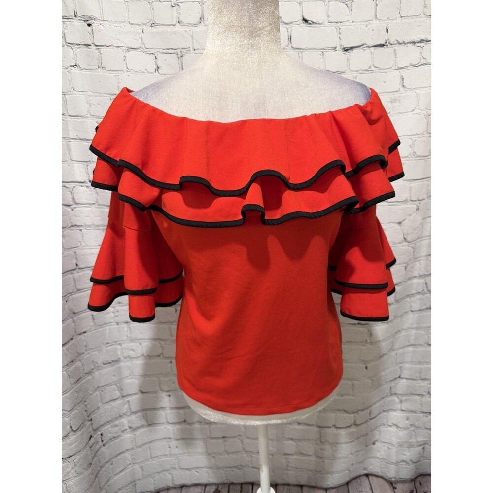 Venus Red off-the-Shoulder Blouse with Vibrant Color with Black Trim Medium